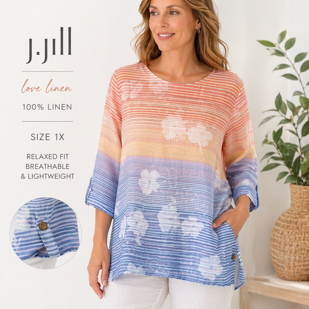 J Jill Love Linen Top 1X Ombre Stripe Floral Blue Orange Tunic 100% Linen